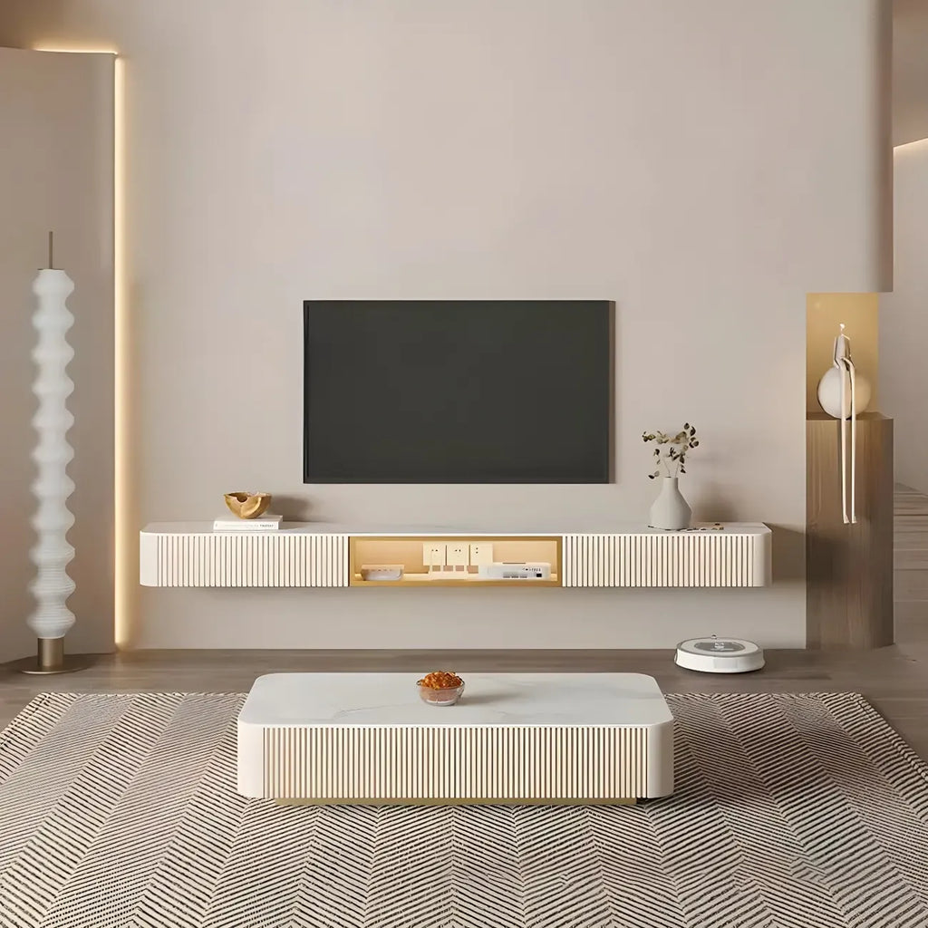 Mobile TV sospeso in pietra beige da 71" con gestione dei cavi