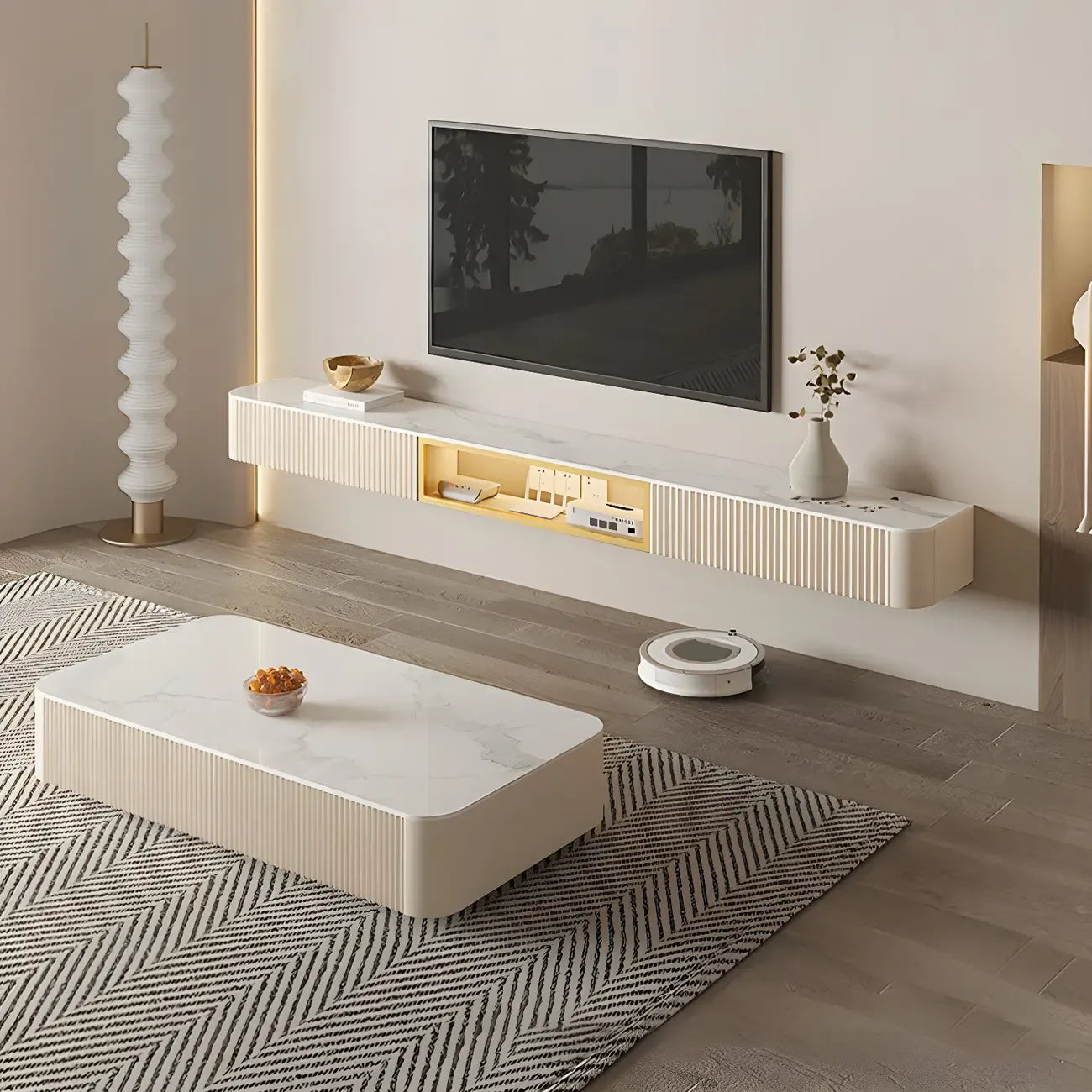 Mobile TV sospeso in pietra beige da 71" con gestione dei cavi