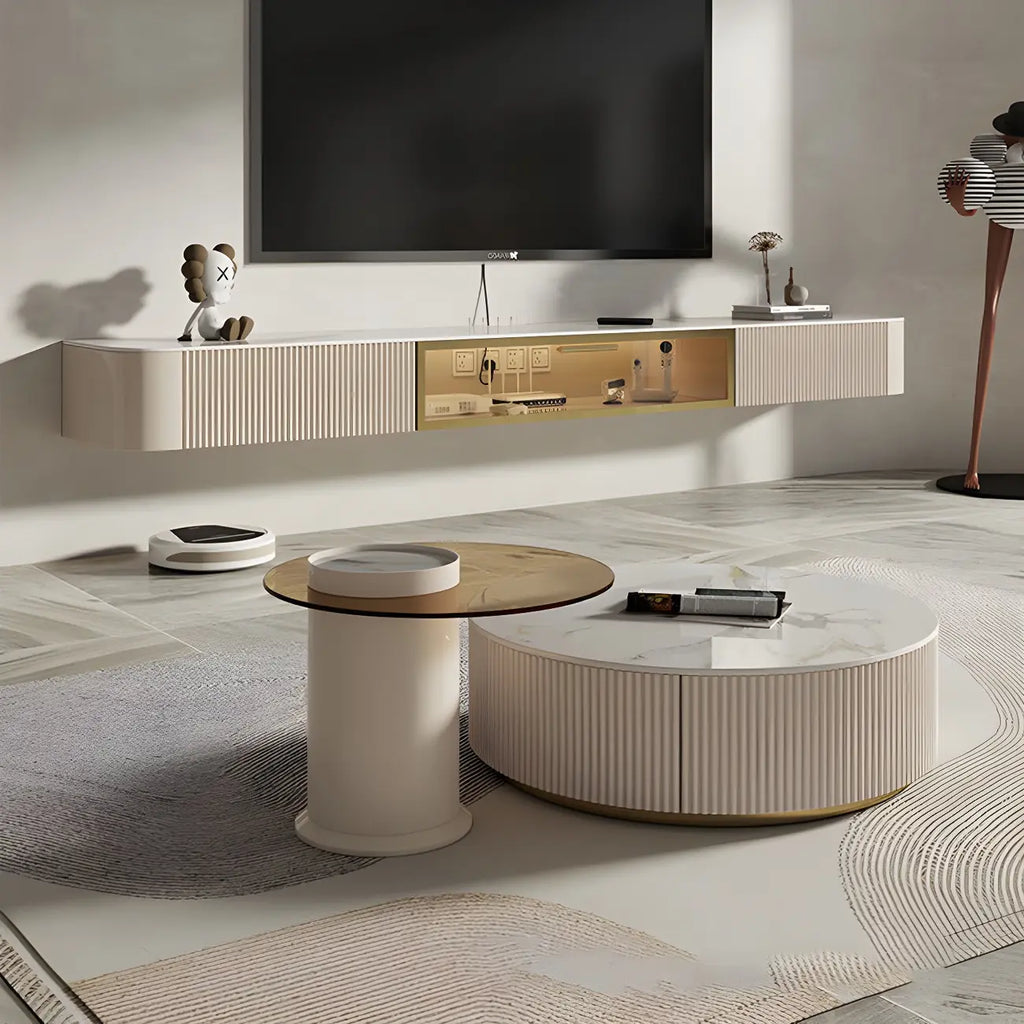 Mobile TV sospeso in pietra beige da 71" con gestione dei cavi