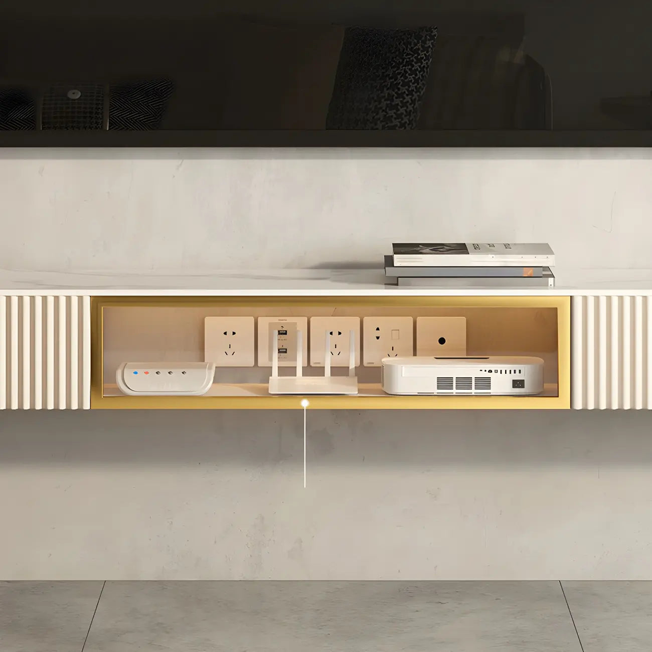 Mobile TV sospeso in pietra beige da 71" con gestione dei cavi