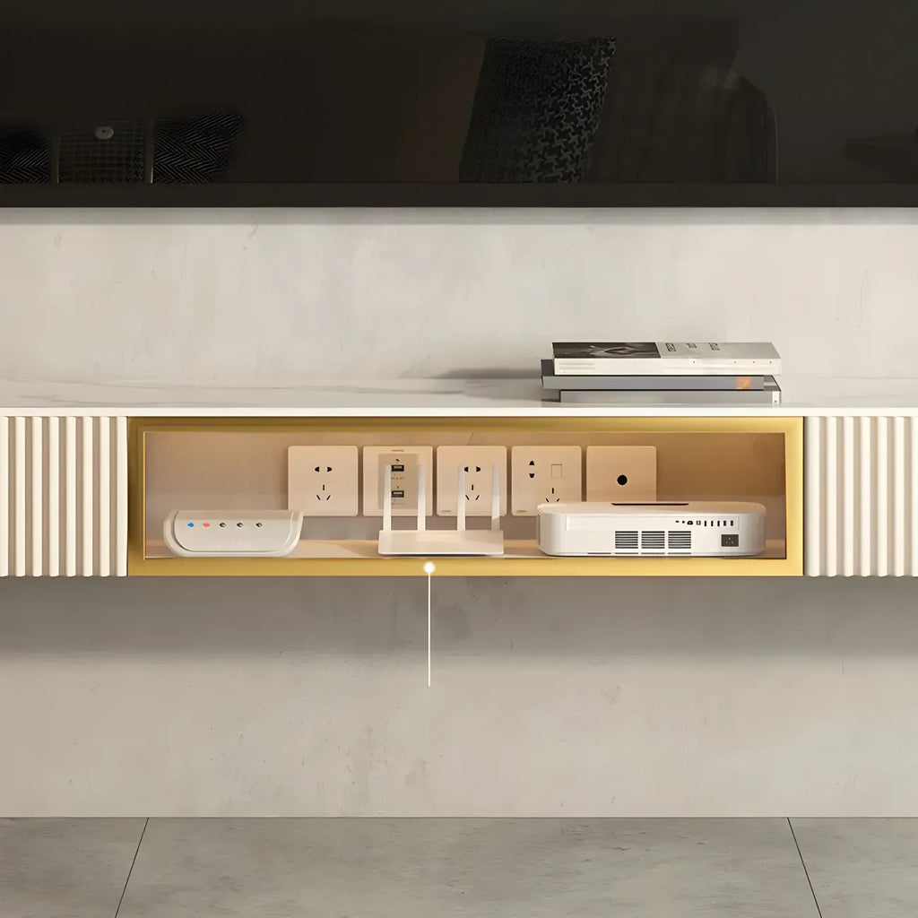 Mobile TV sospeso in pietra beige da 71" con gestione dei cavi