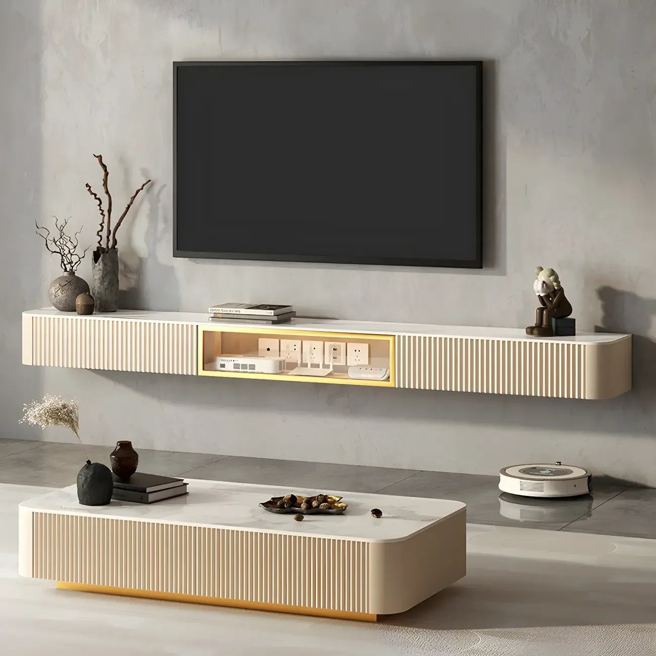 Mobile TV sospeso in pietra beige da 71" con gestione dei cavi