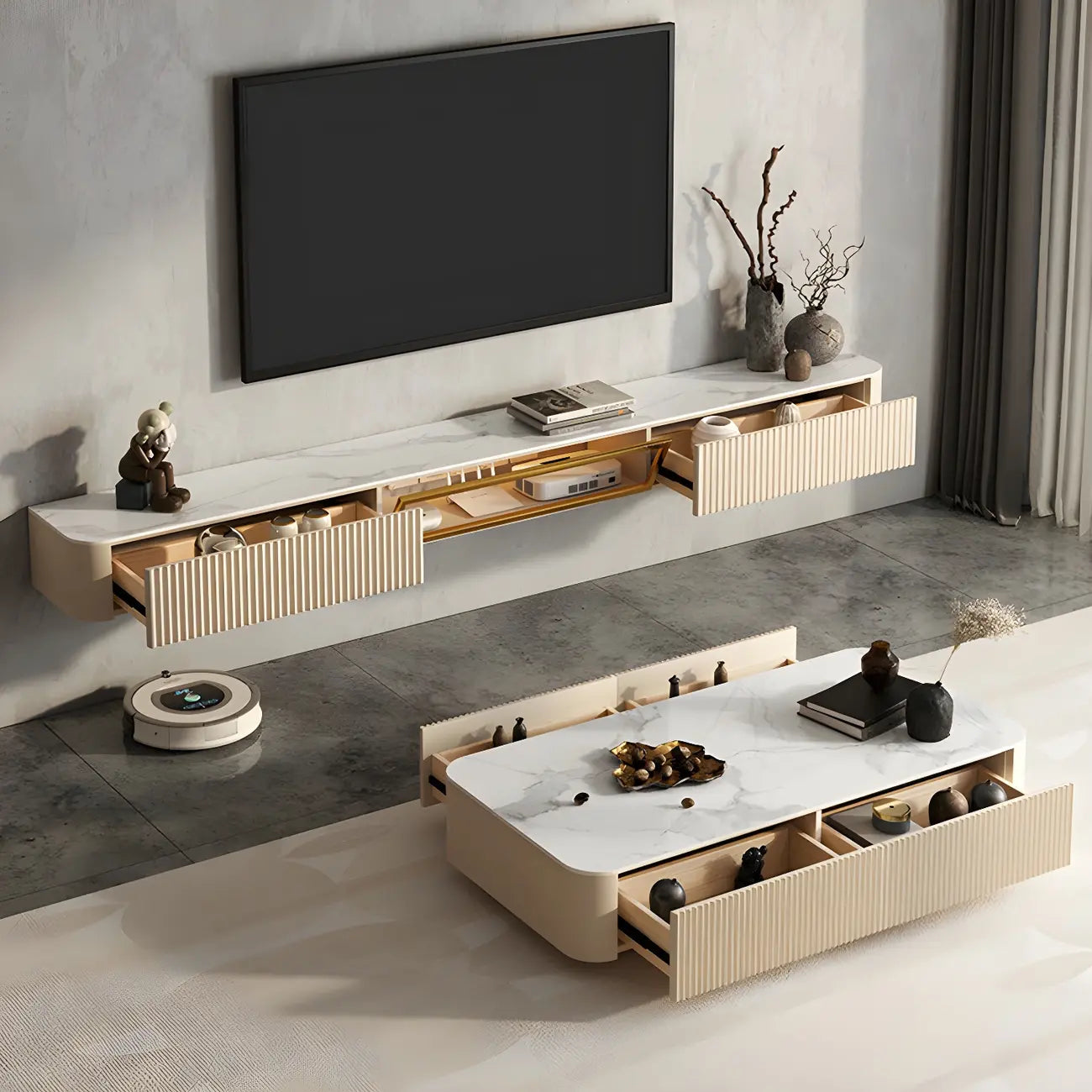 Mobile TV sospeso in pietra beige da 71" con gestione dei cavi