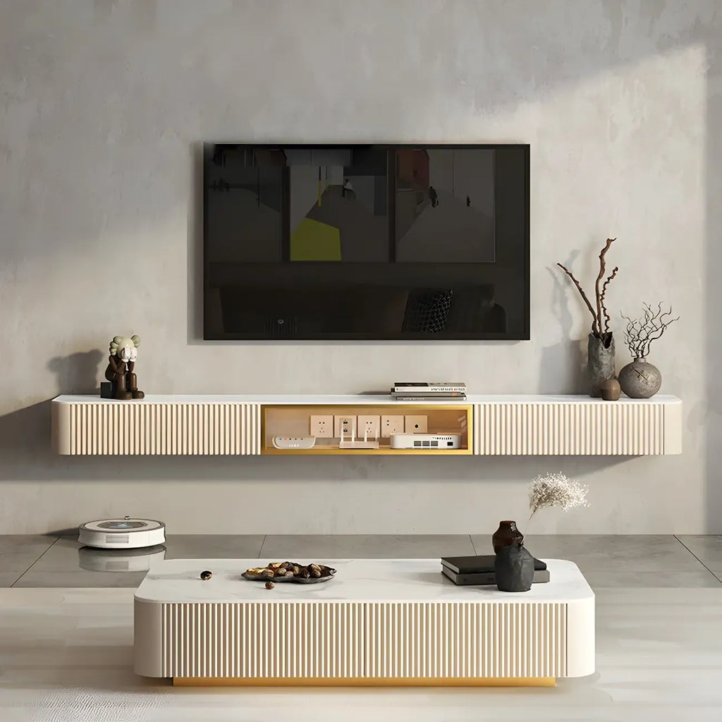 Mobile TV sospeso in pietra beige da 71" con gestione dei cavi