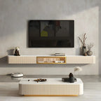 Mobile TV sospeso in pietra beige da 71" con gestione dei cavi