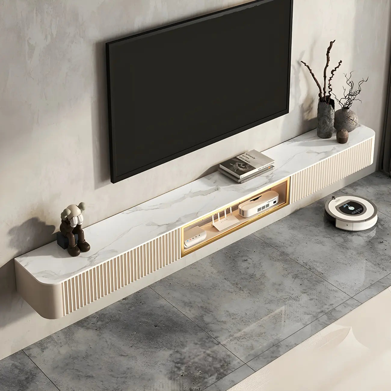 Mobile TV sospeso in pietra beige da 71" con gestione dei cavi