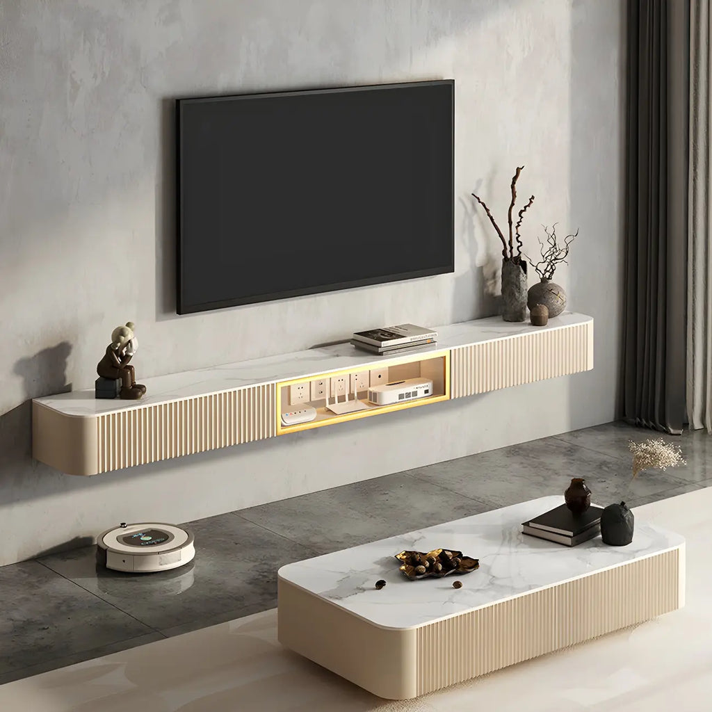 Mobile TV sospeso in pietra beige da 71" con gestione dei cavi