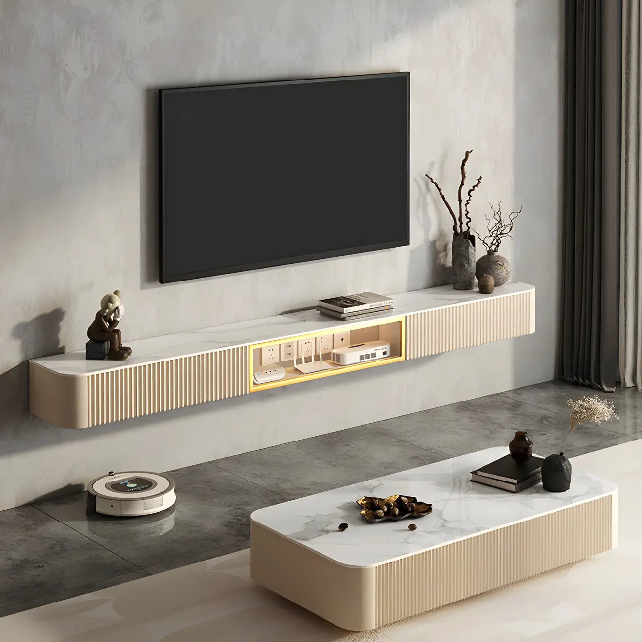 Mobile TV sospeso in pietra beige da 71" con gestione dei cavi