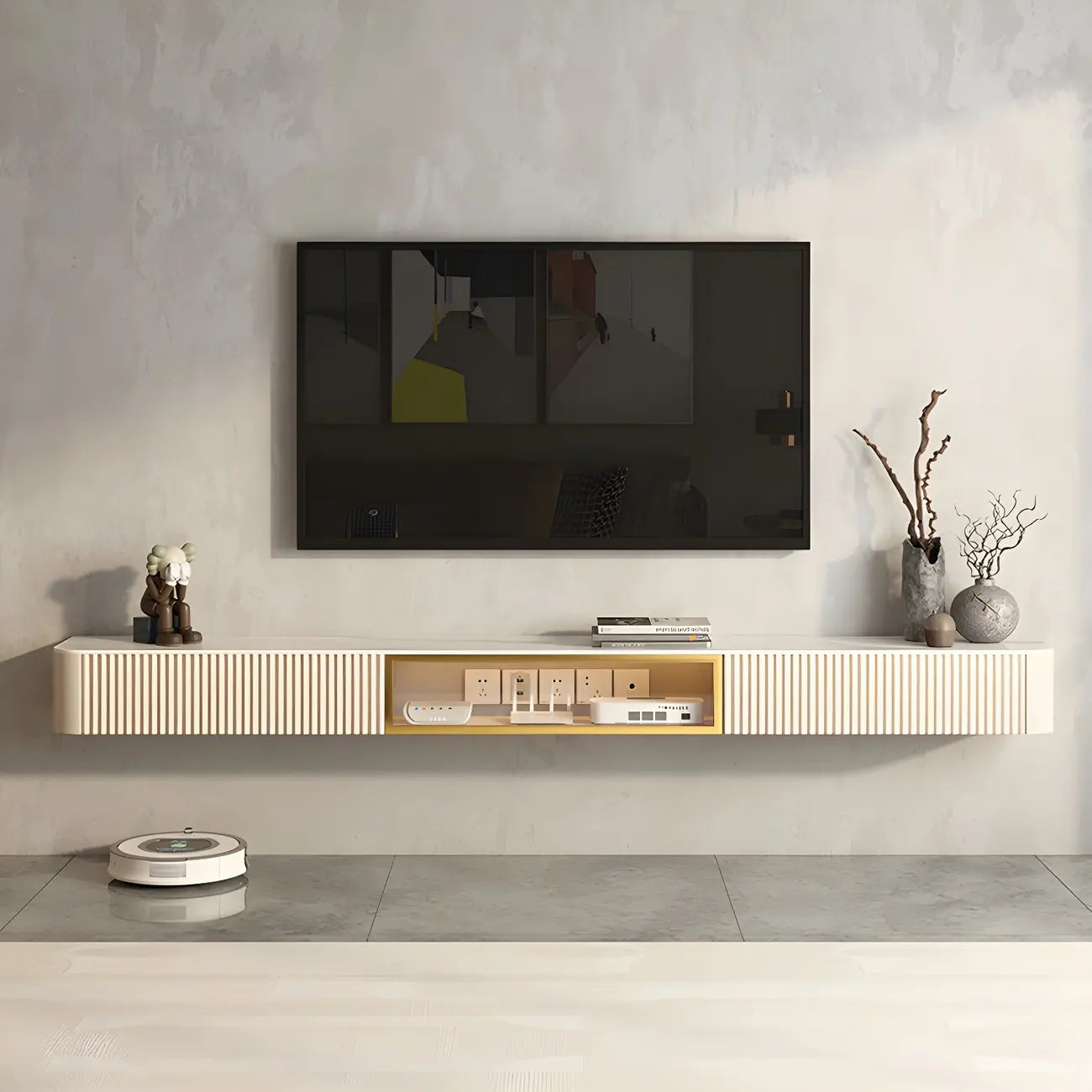 Mobile TV sospeso in pietra beige da 71" con gestione dei cavi
