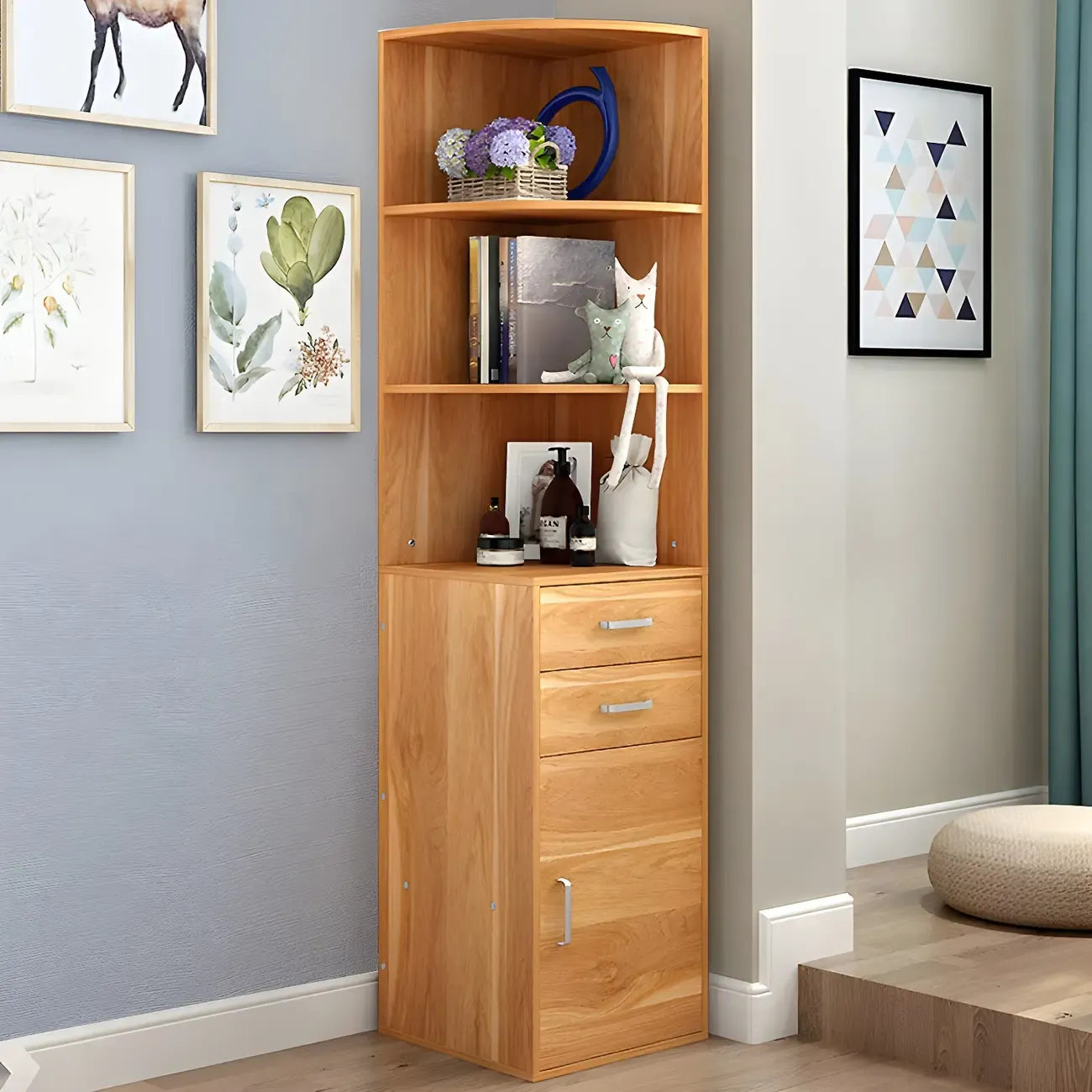 Bibliothèque d'angle contemporaine en bois blanc avec armoire