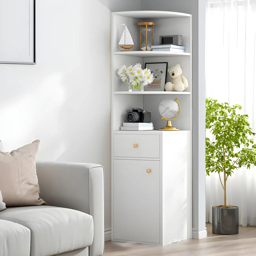 Bibliothèque d'angle contemporaine en bois blanc avec armoire