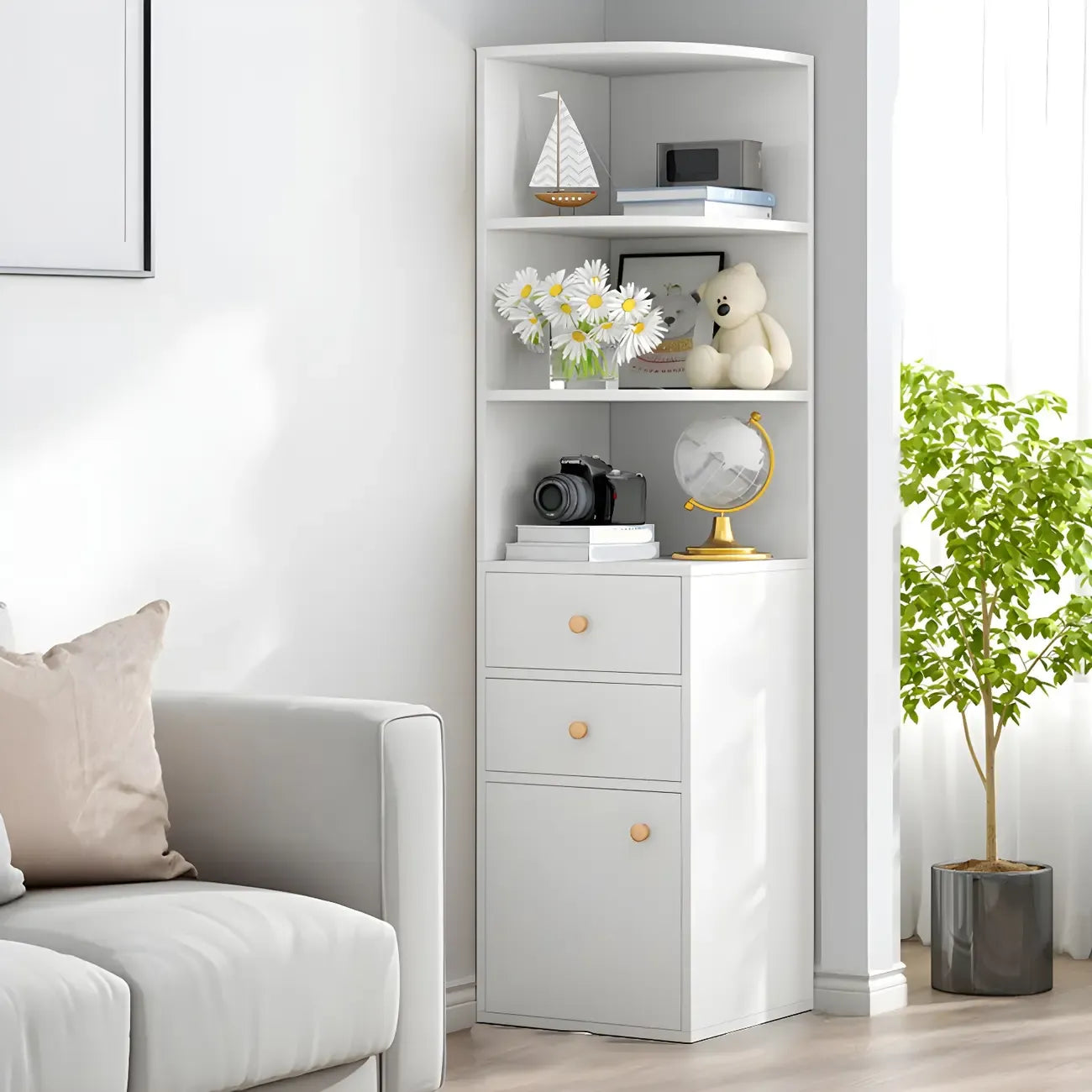 Bibliothèque d'angle contemporaine en bois blanc avec armoire