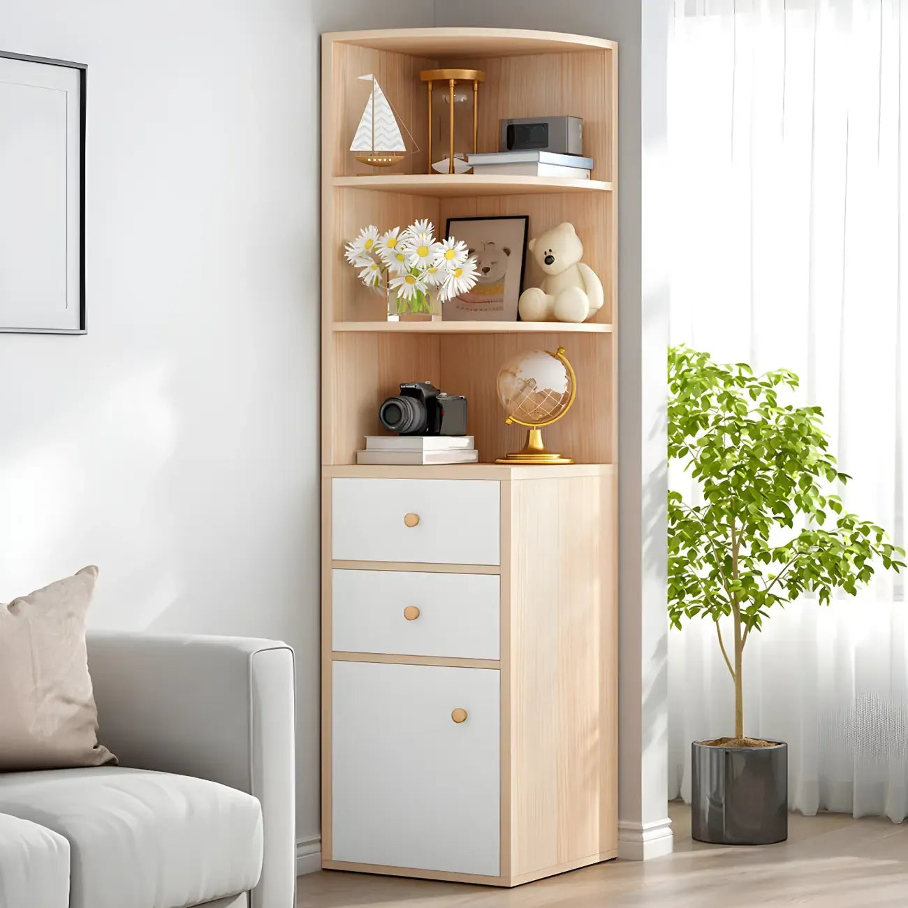 Bibliothèque d'angle contemporaine en bois blanc avec armoire