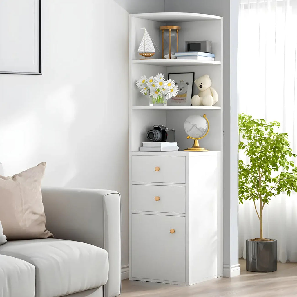 Bibliothèque d'angle contemporaine en bois blanc avec armoire