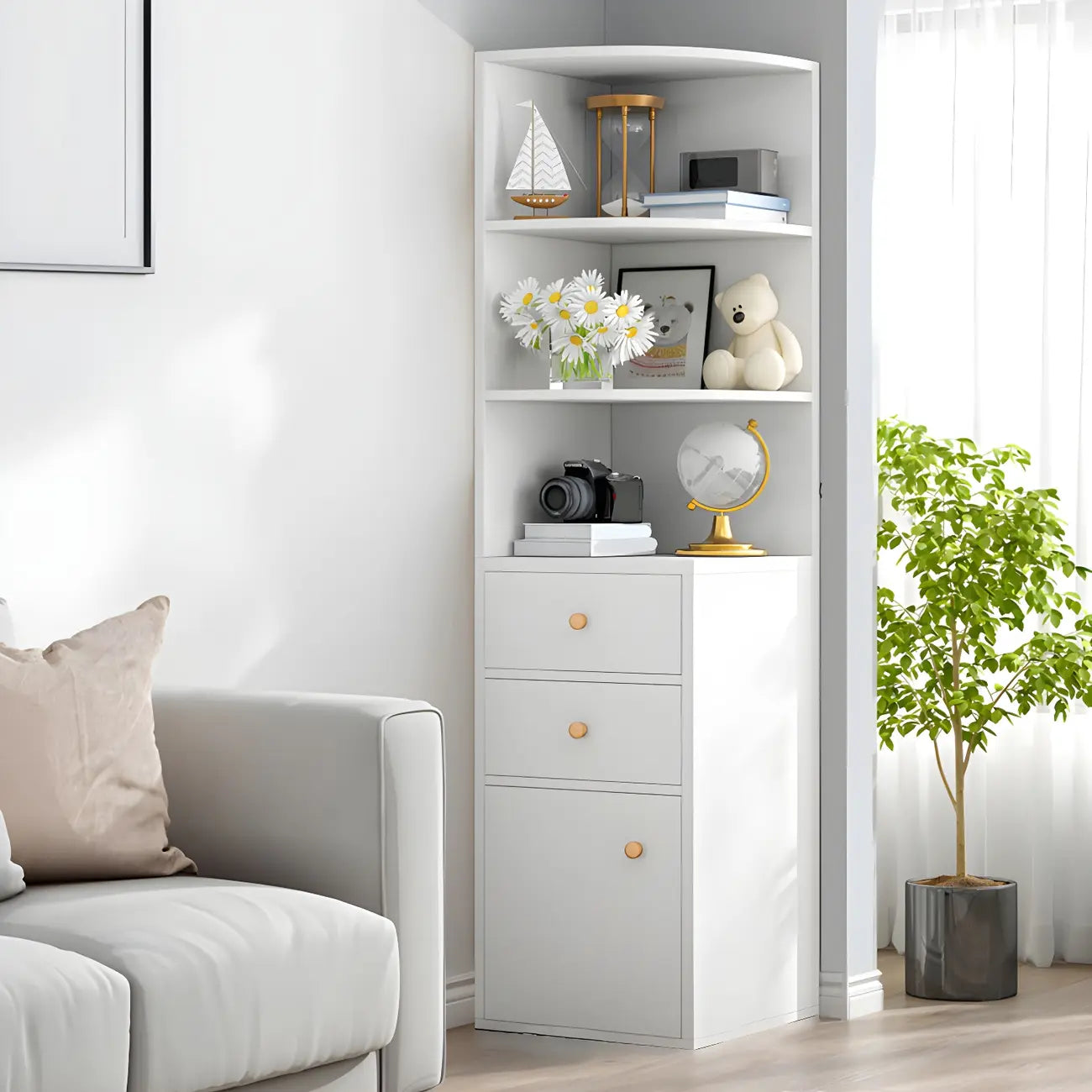 Bibliothèque d'angle contemporaine en bois blanc avec armoire