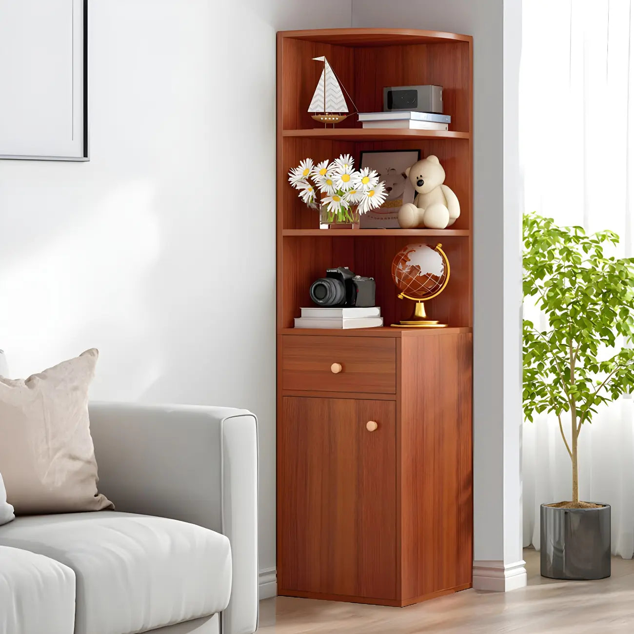 Bibliothèque d'angle contemporaine en bois blanc avec armoire