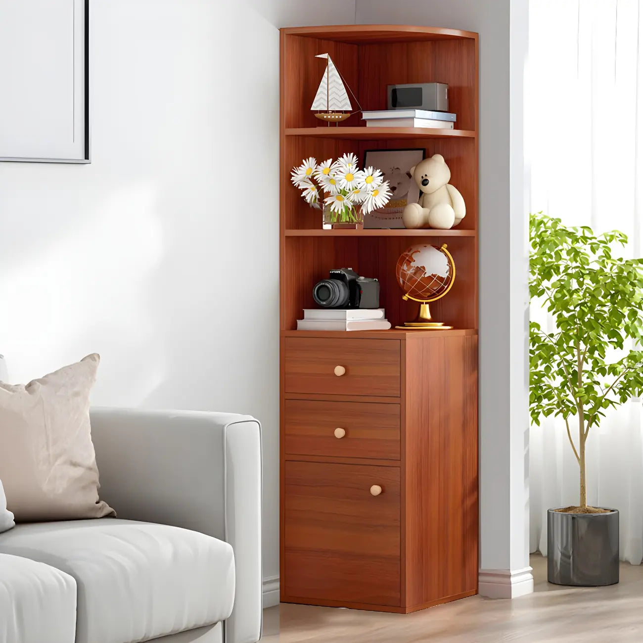 Bibliothèque d'angle contemporaine en bois blanc avec armoire