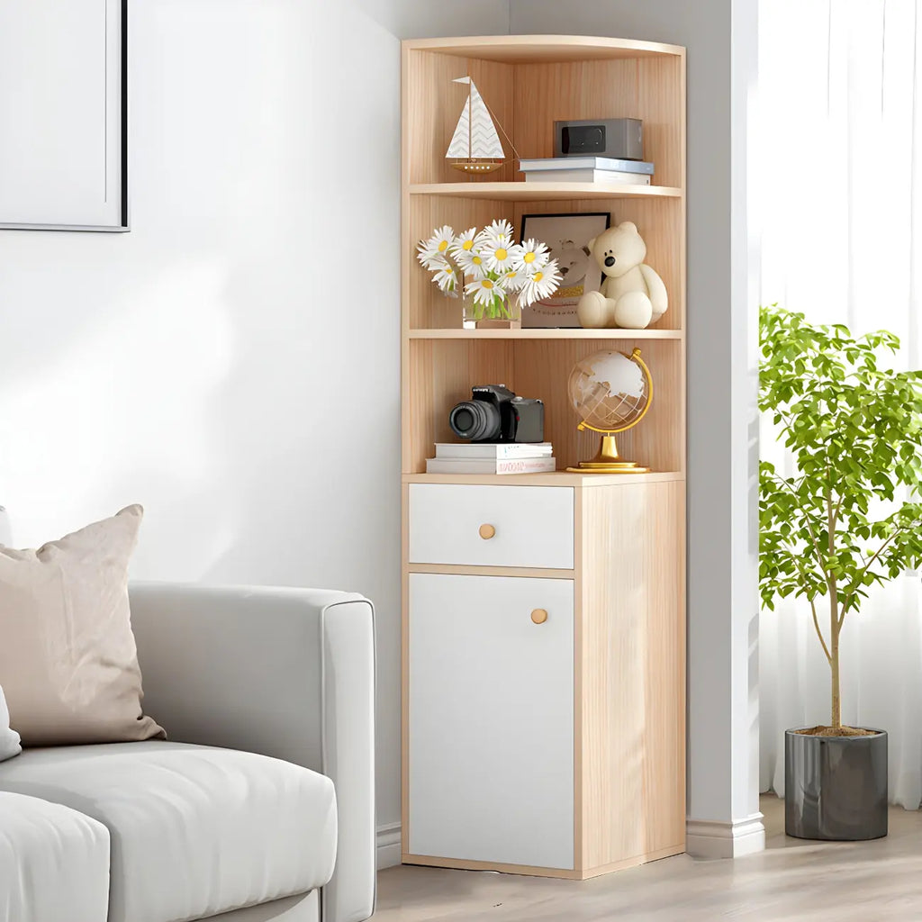 Bibliothèque d'angle contemporaine en bois blanc avec armoire