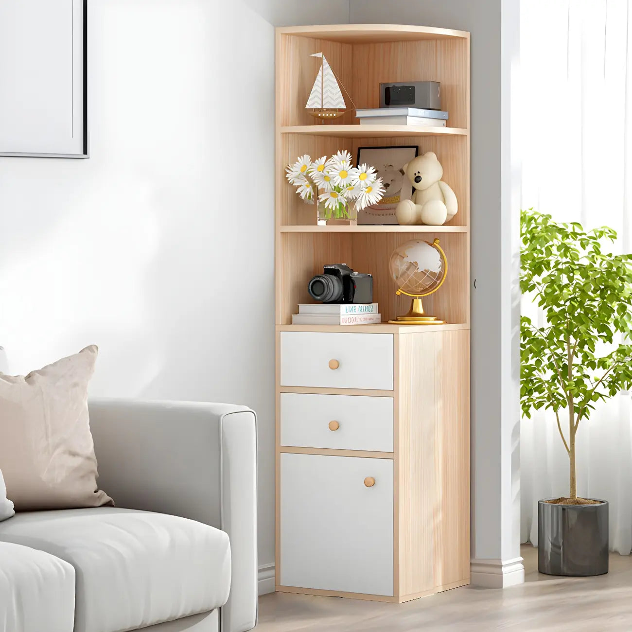 Bibliothèque d'angle contemporaine en bois blanc avec armoire