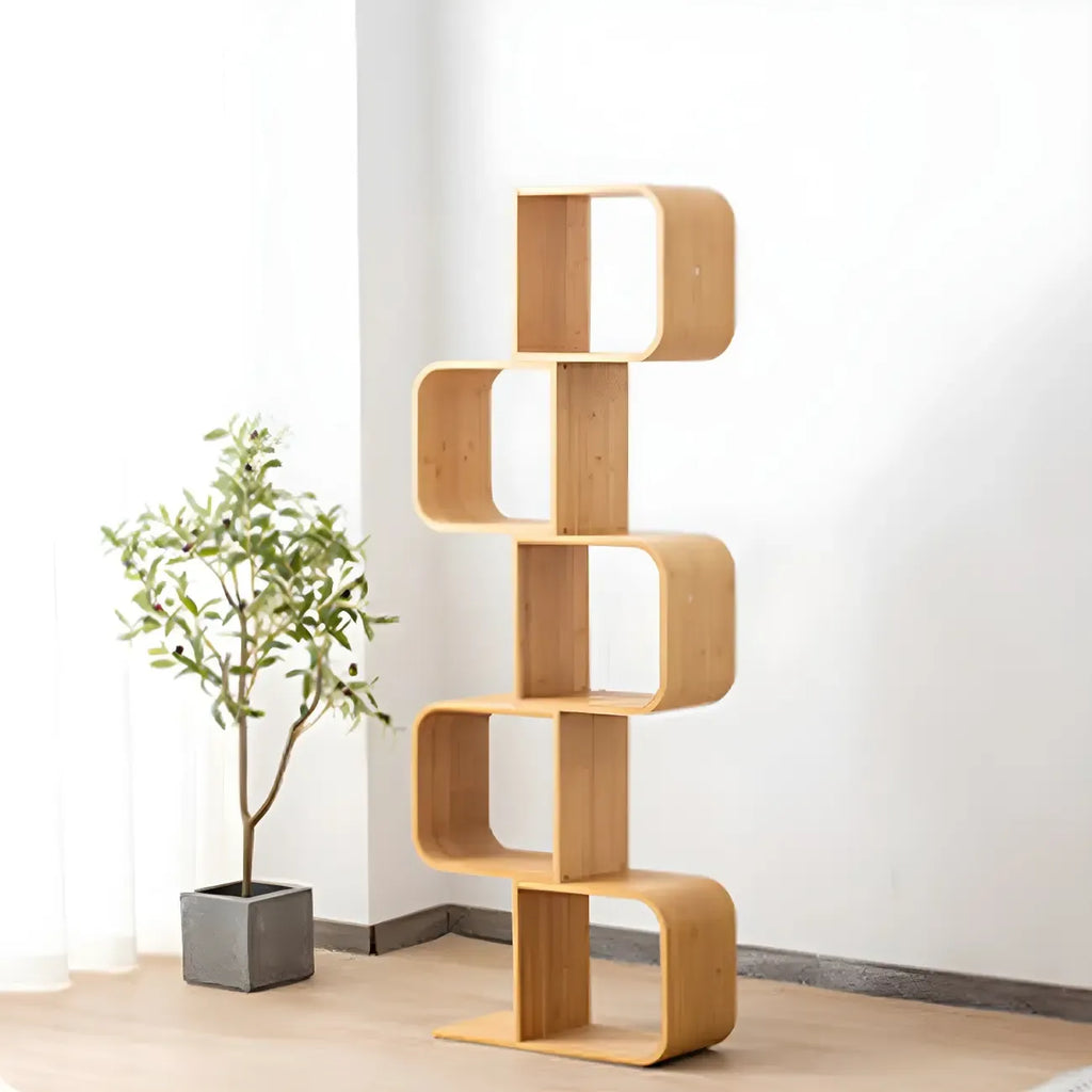 Bibliothèque verticale géométrique en bois de bambou finition naturelle