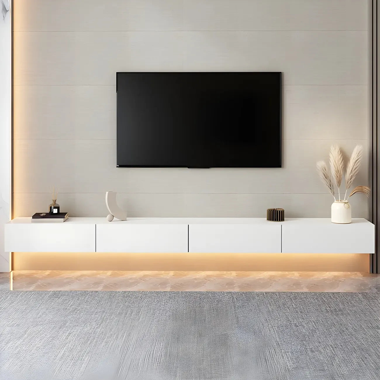 Meuble TV suspendu contemporain en bois blanc avec éclairage intégré