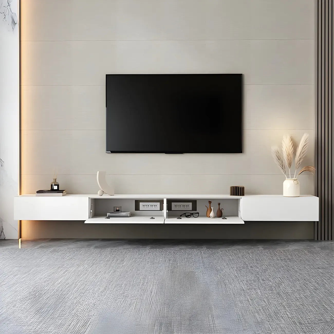 Meuble TV suspendu contemporain en bois blanc avec éclairage intégré