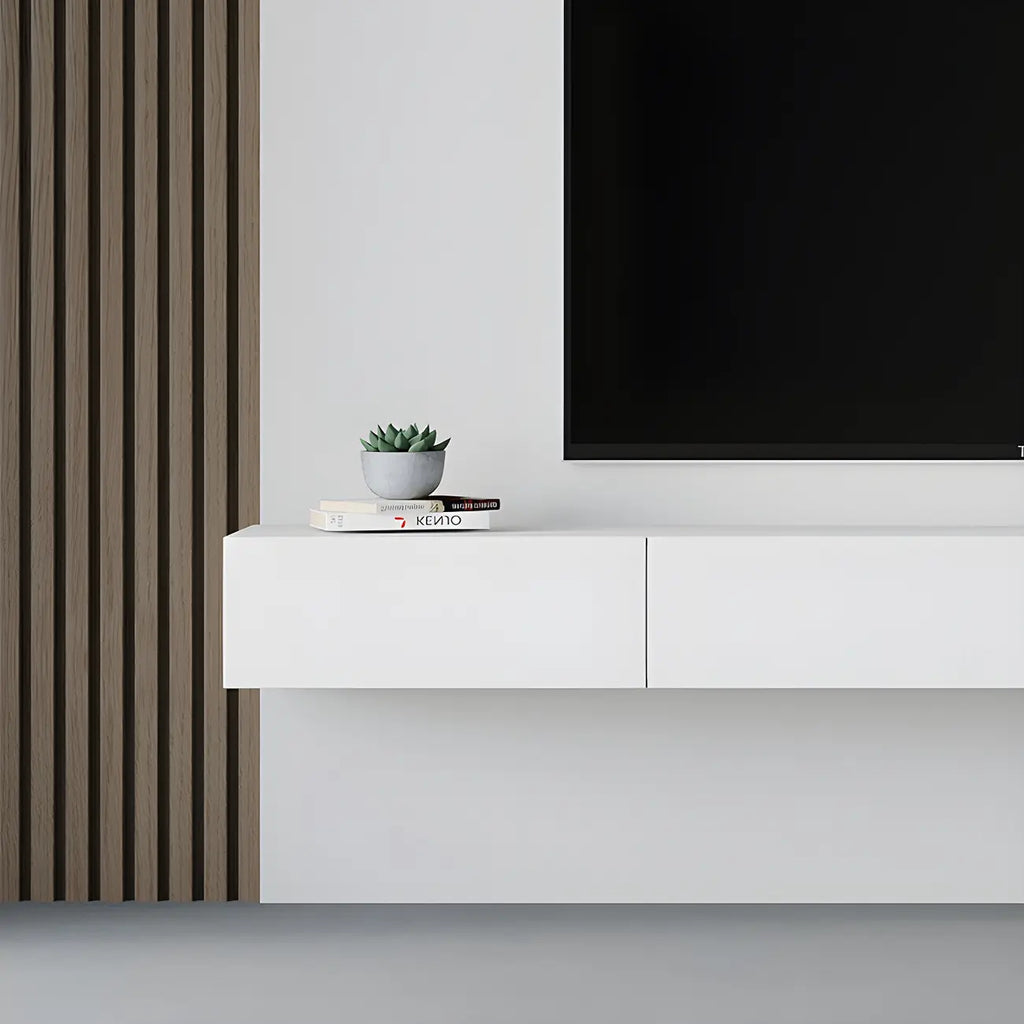 Meuble TV suspendu contemporain en bois blanc avec éclairage intégré