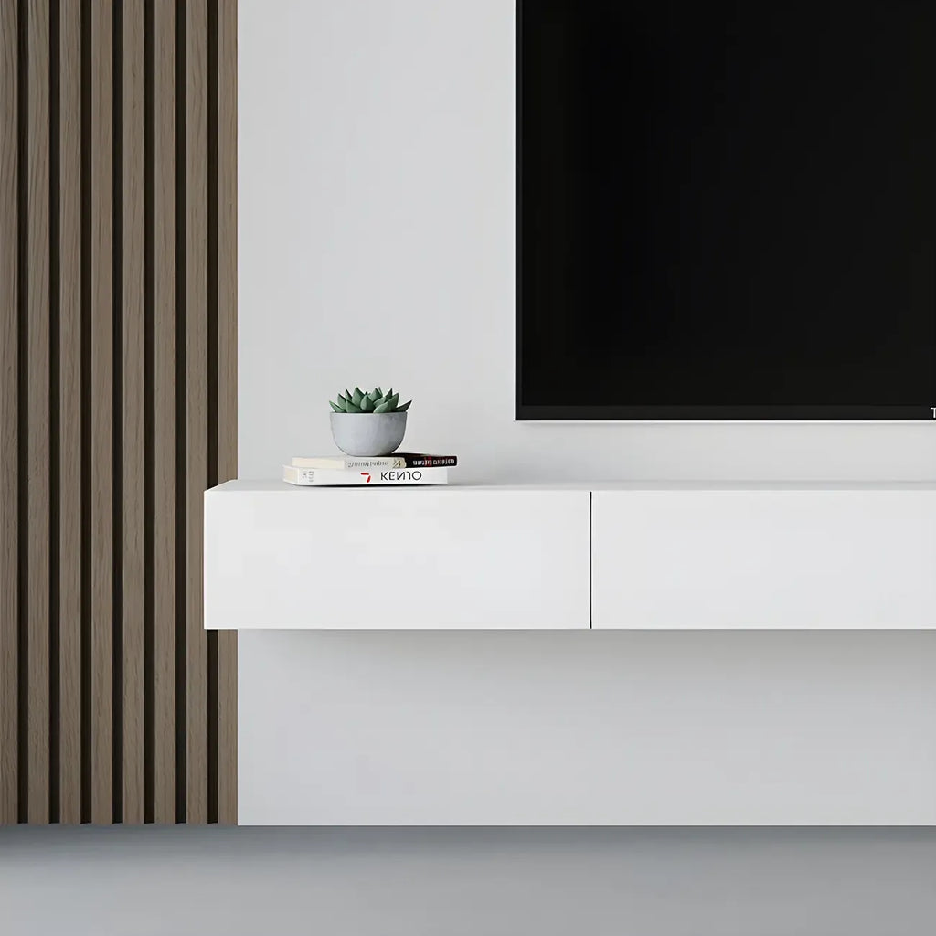 Meuble TV suspendu contemporain en bois blanc avec éclairage intégré