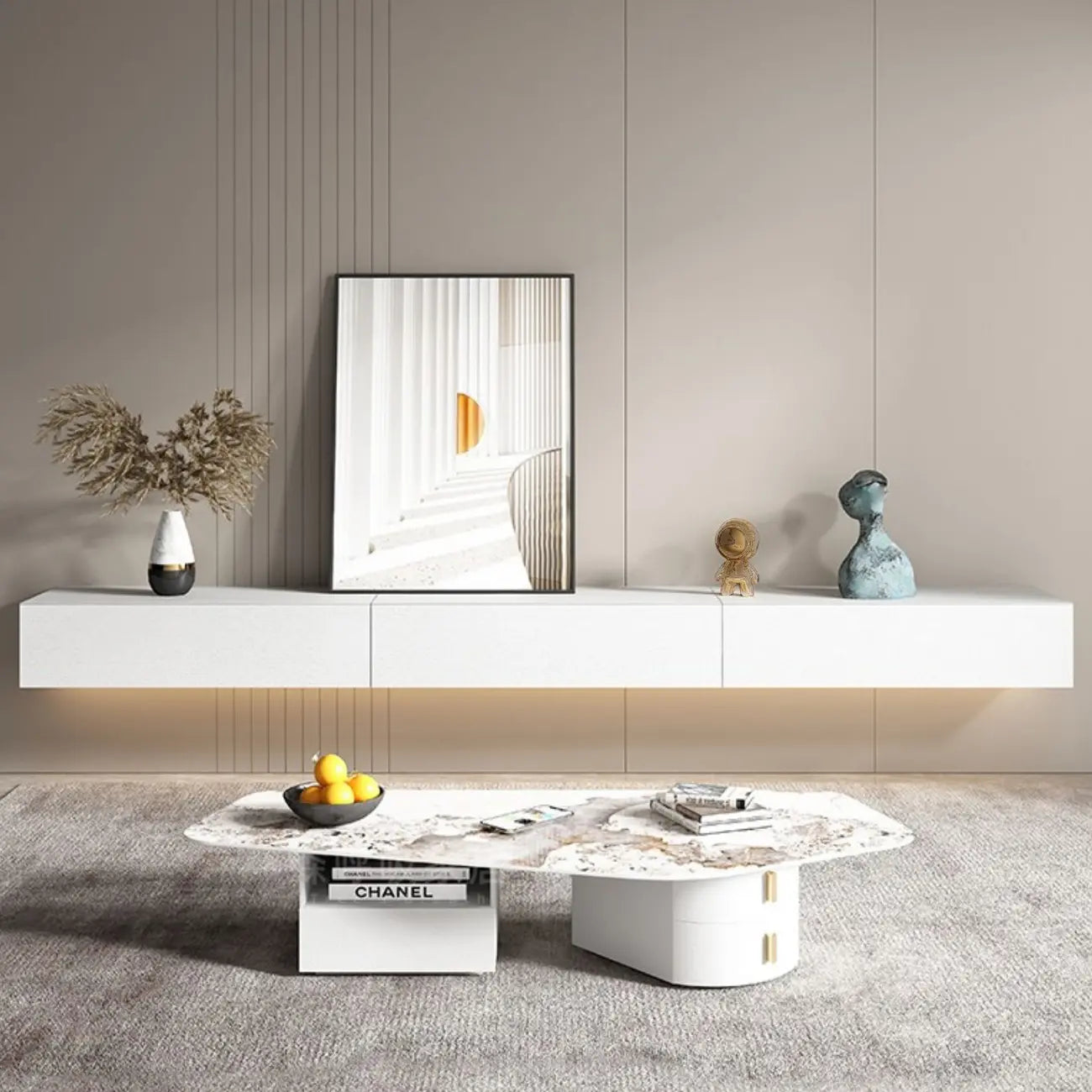 Meuble TV suspendu contemporain en bois blanc avec éclairage intégré