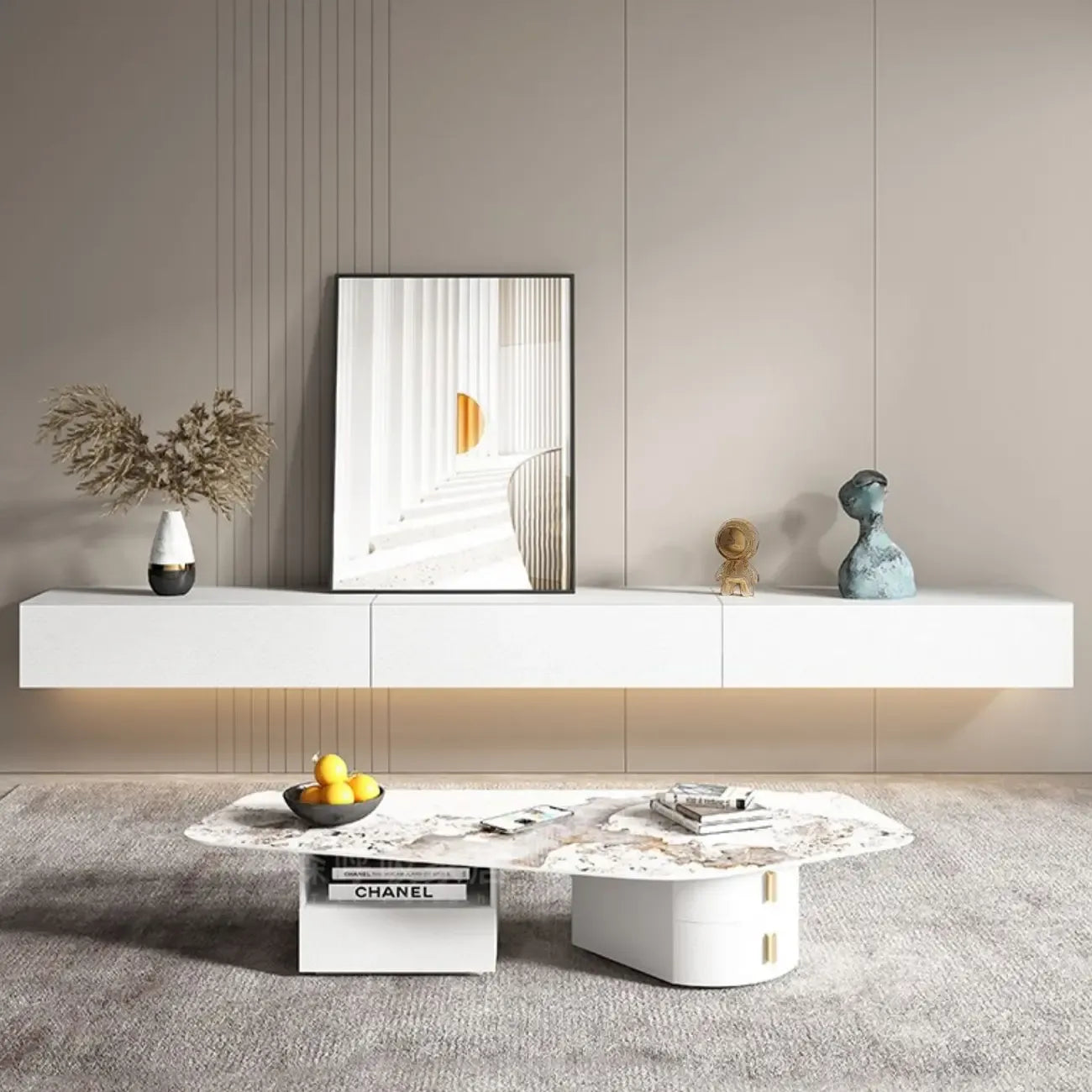 Meuble TV suspendu contemporain en bois blanc avec éclairage intégré