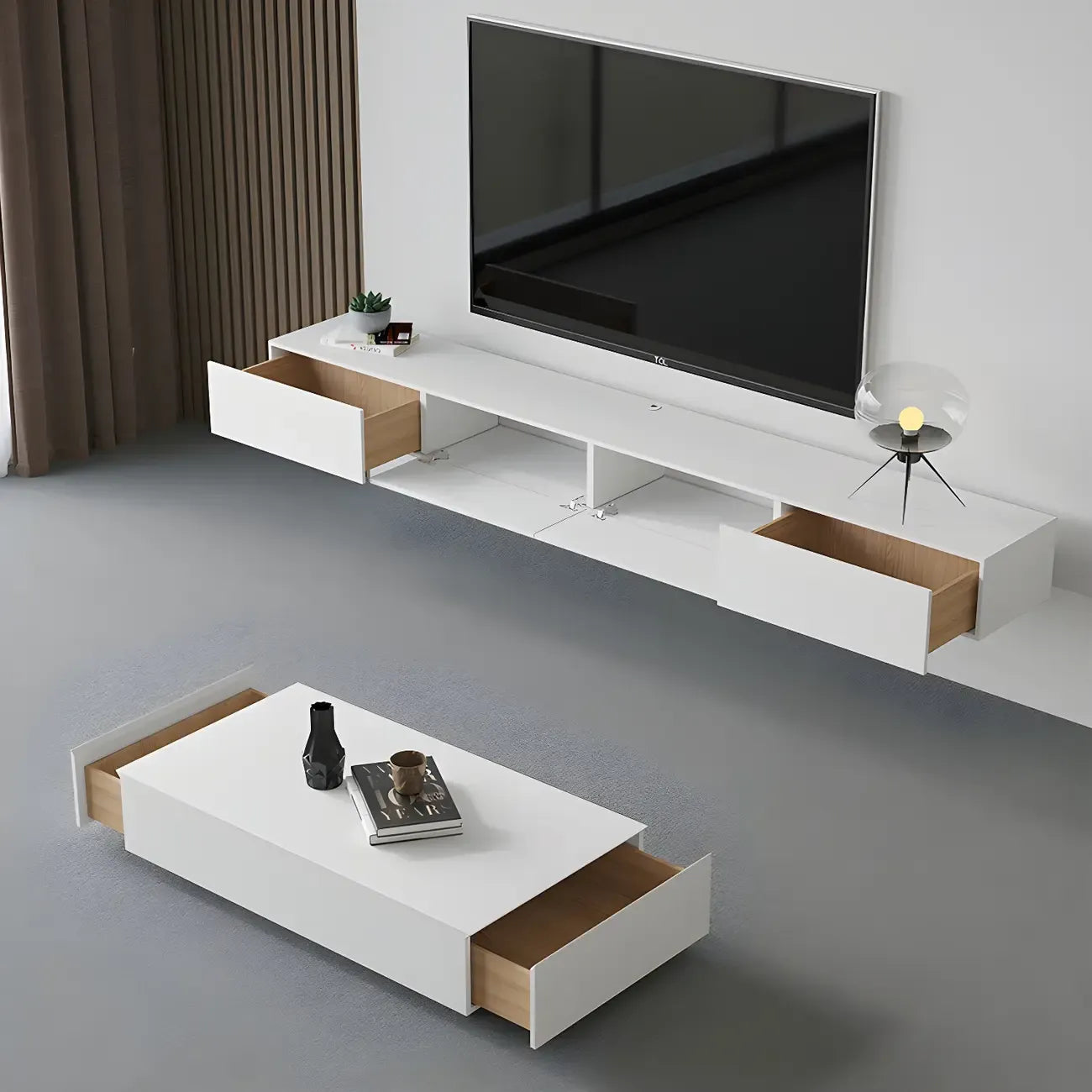 Meuble TV suspendu contemporain en bois blanc avec éclairage intégré