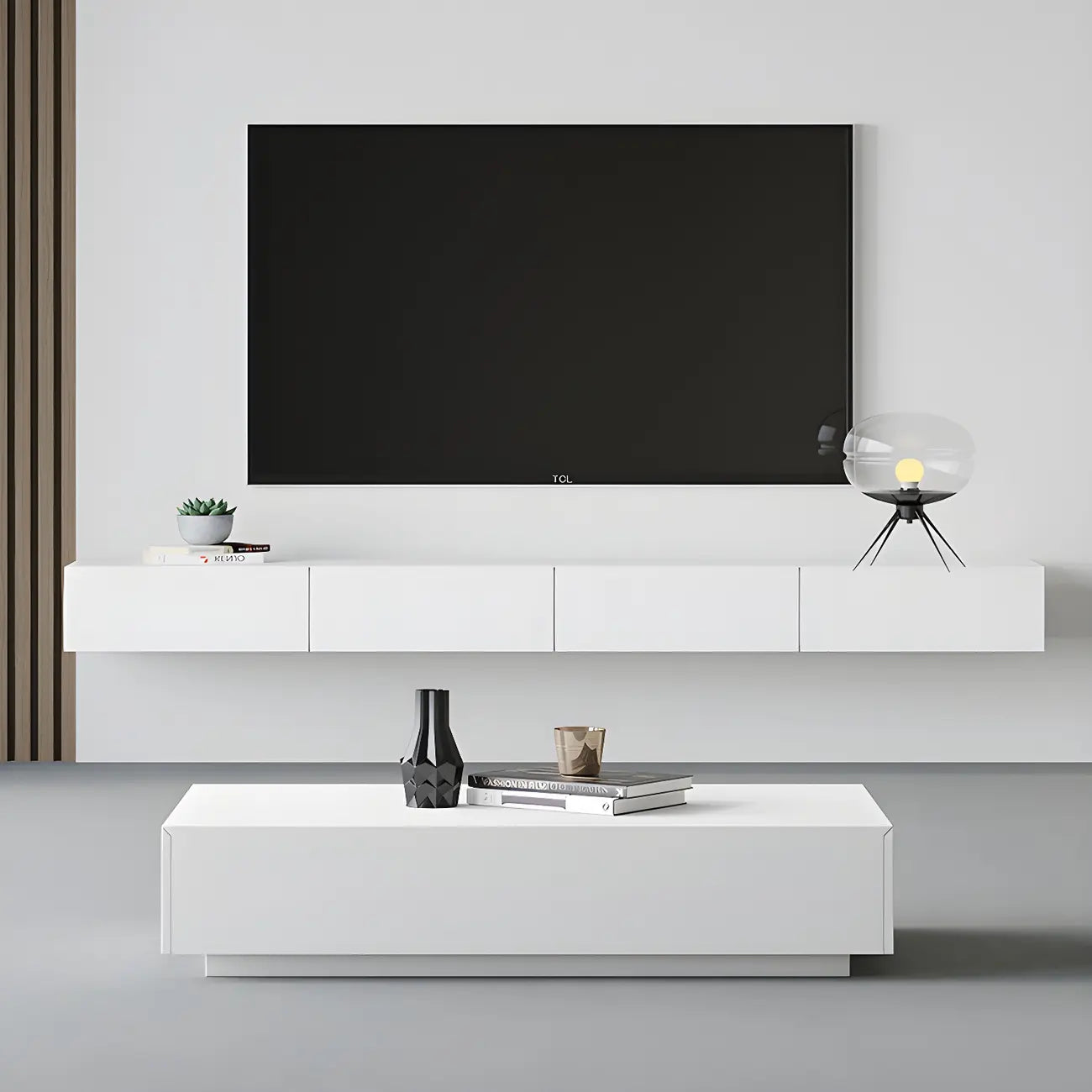 Meuble TV suspendu contemporain en bois blanc avec éclairage intégré