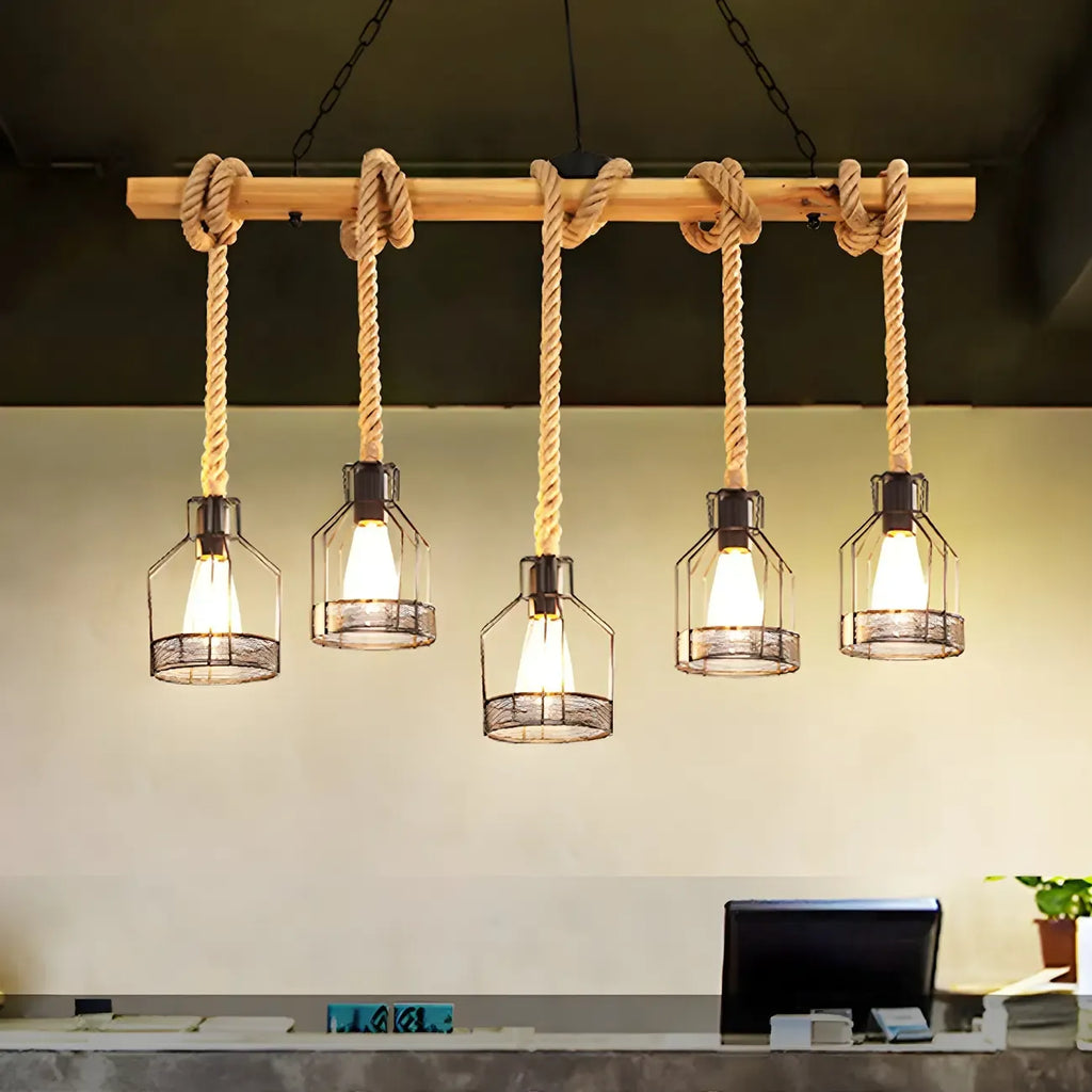 Suspension industrielle à 8 lumières en forme de bouteille de fer avec décoration en corde