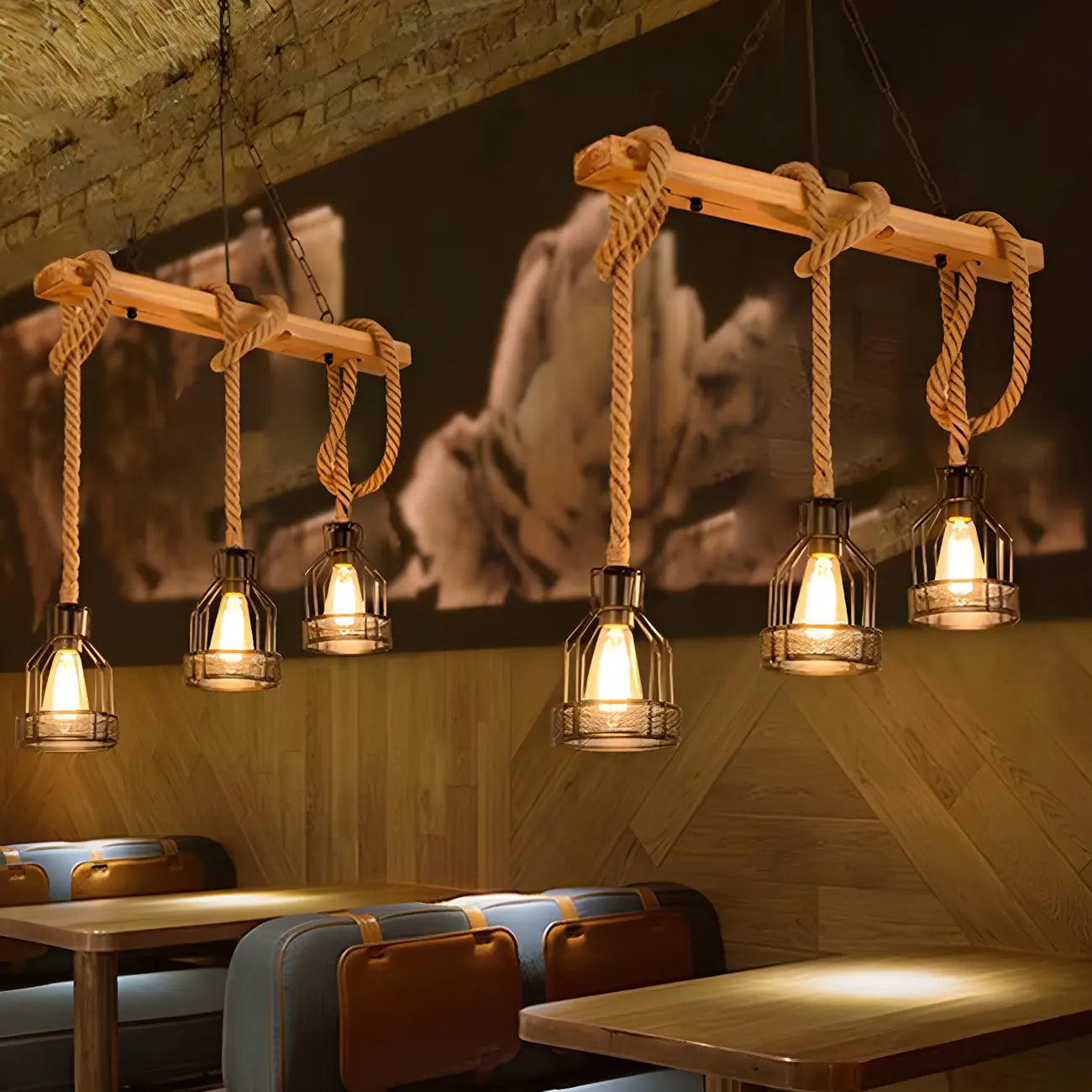 Suspension industrielle à 8 lumières en forme de bouteille de fer avec décoration en corde