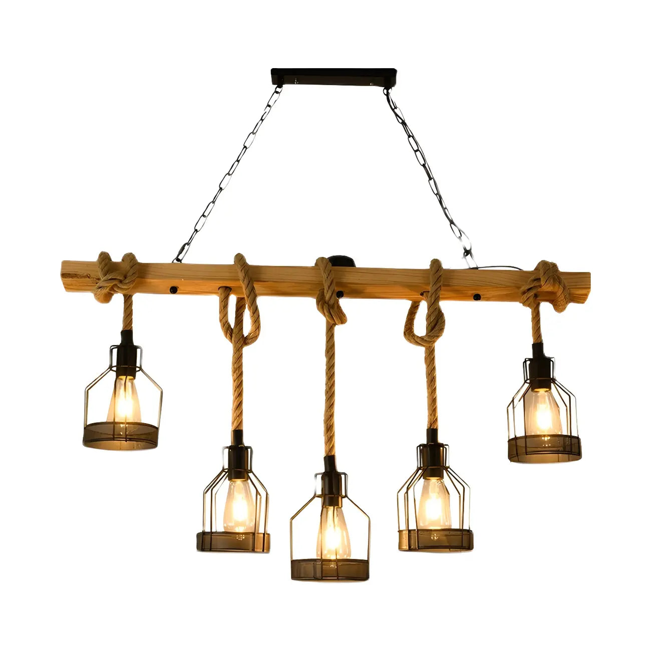 Suspension industrielle à 8 lumières en forme de bouteille de fer avec décoration en corde