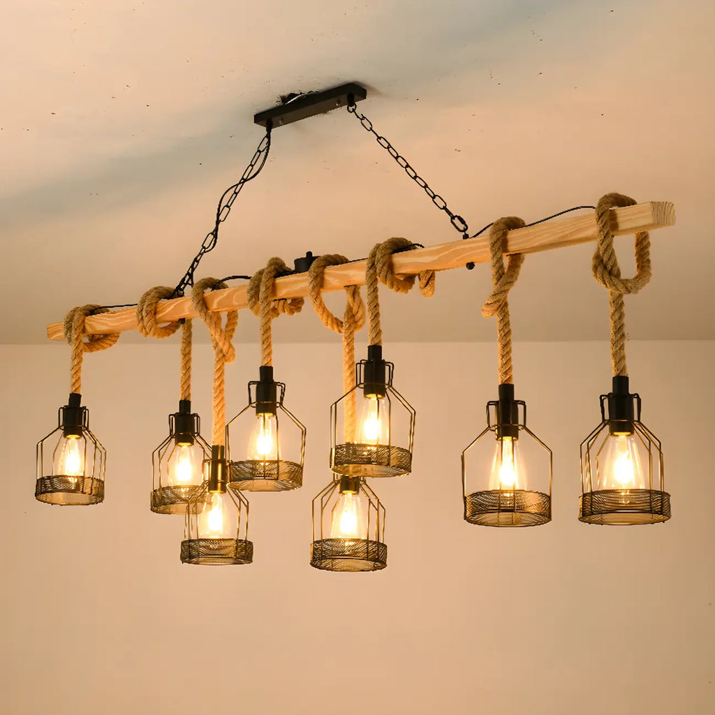 Suspension industrielle à 8 lumières en forme de bouteille de fer avec décoration en corde
