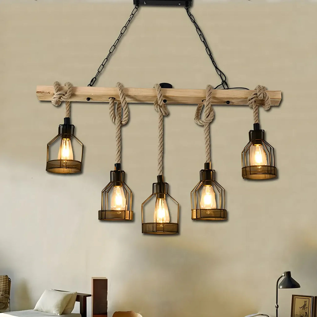 Suspension industrielle à 8 lumières en forme de bouteille de fer avec décoration en corde