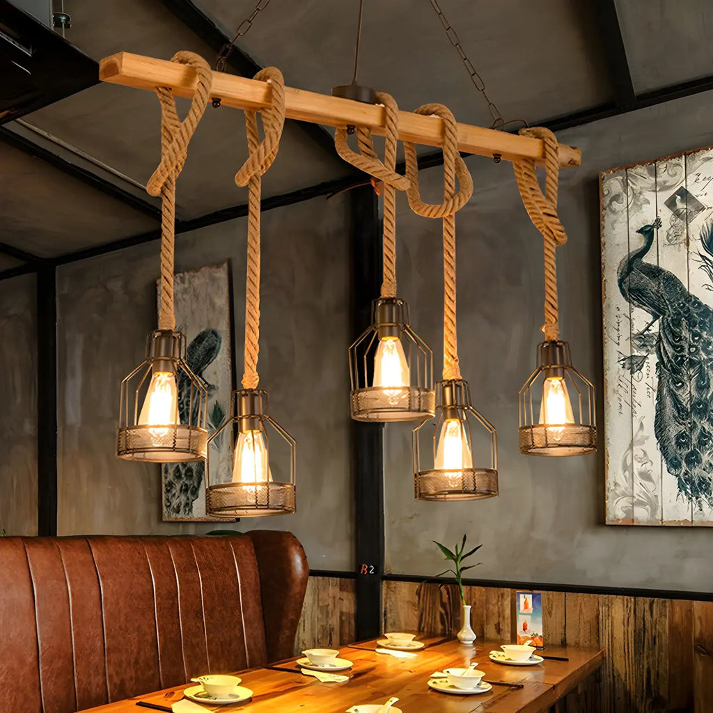 Suspension industrielle à 8 lumières en forme de bouteille de fer avec décoration en corde
