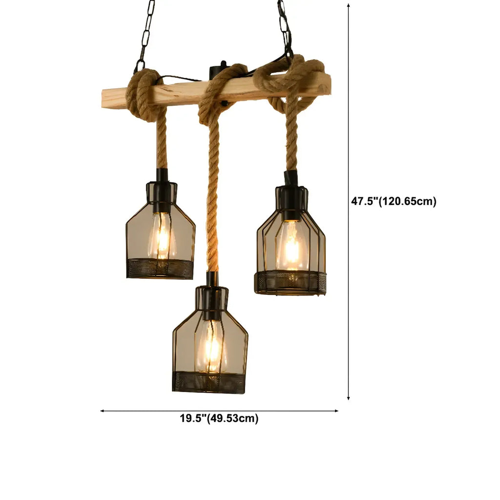 Suspension industrielle à 8 lumières en forme de bouteille de fer avec décoration en corde