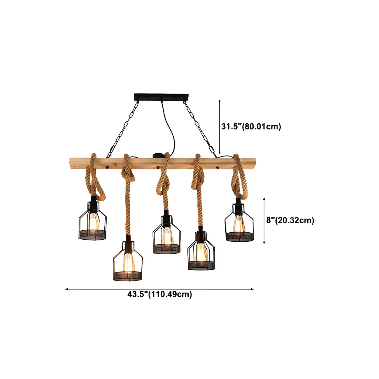 Suspension industrielle à 8 lumières en forme de bouteille de fer avec décoration en corde