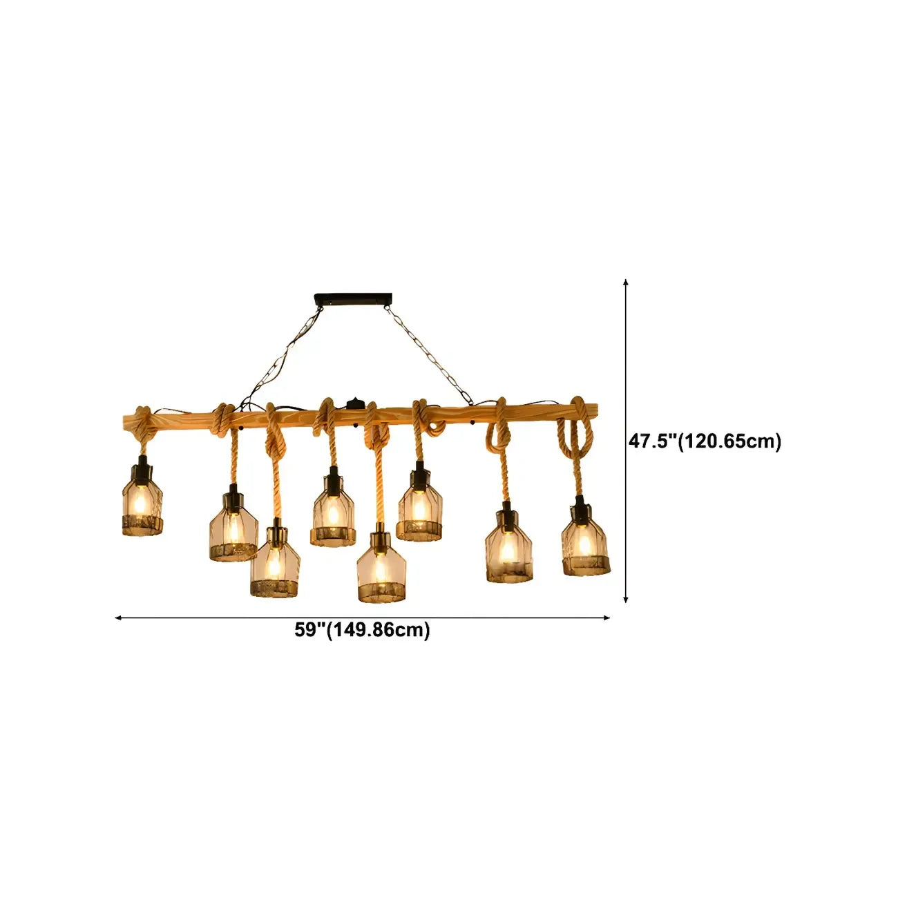 Suspension industrielle à 8 lumières en forme de bouteille de fer avec décoration en corde