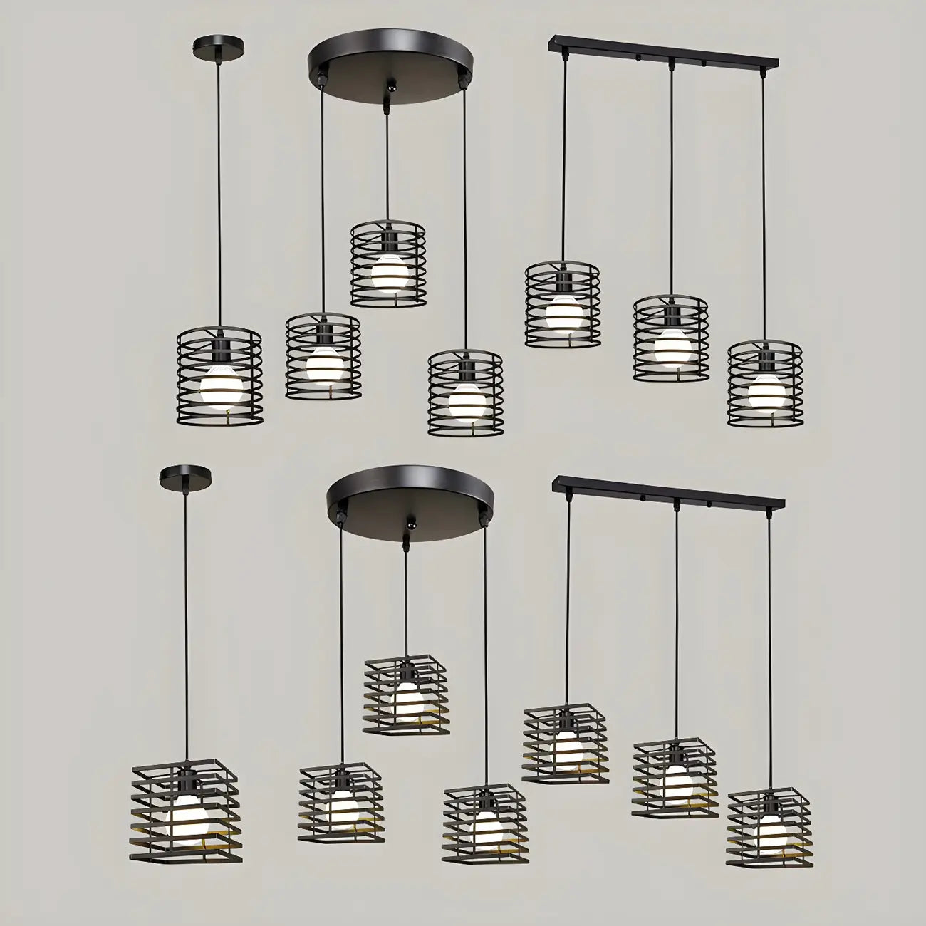 Suspension lanterne industrielle noire à 3 lumières