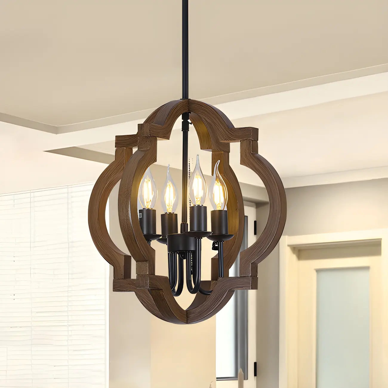Lustre candélabre industriel réglable en bois brun avec cage