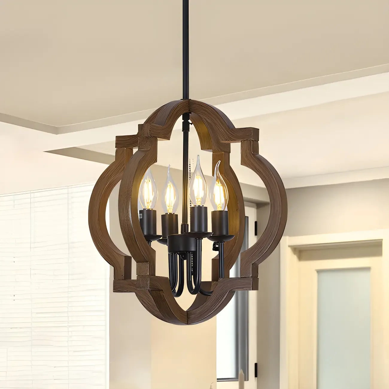 Lustre candélabre industriel réglable en bois brun avec cage