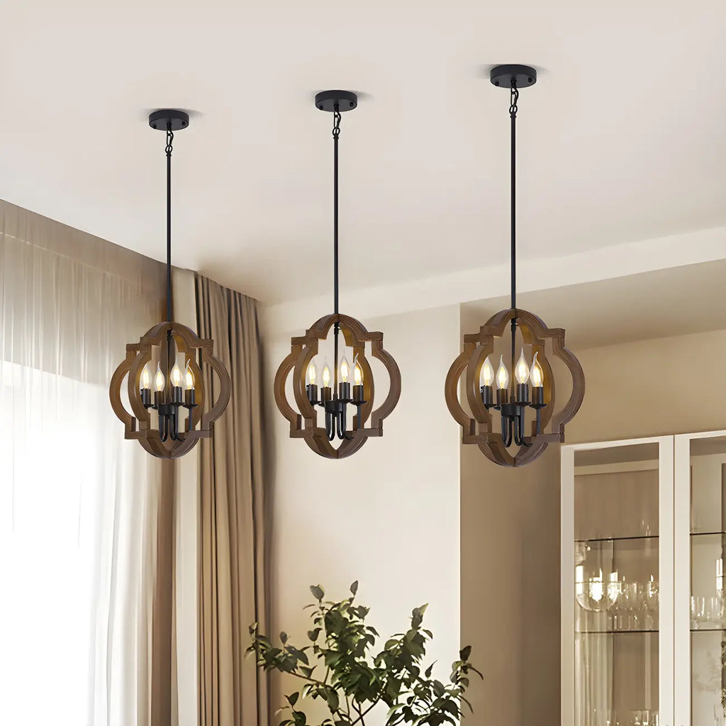 Lustre candélabre industriel réglable en bois brun avec cage
