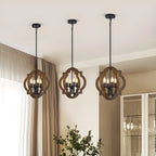 Lustre candélabre industriel réglable en bois brun avec cage