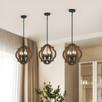 Lustre candélabre industriel réglable en bois brun avec cage