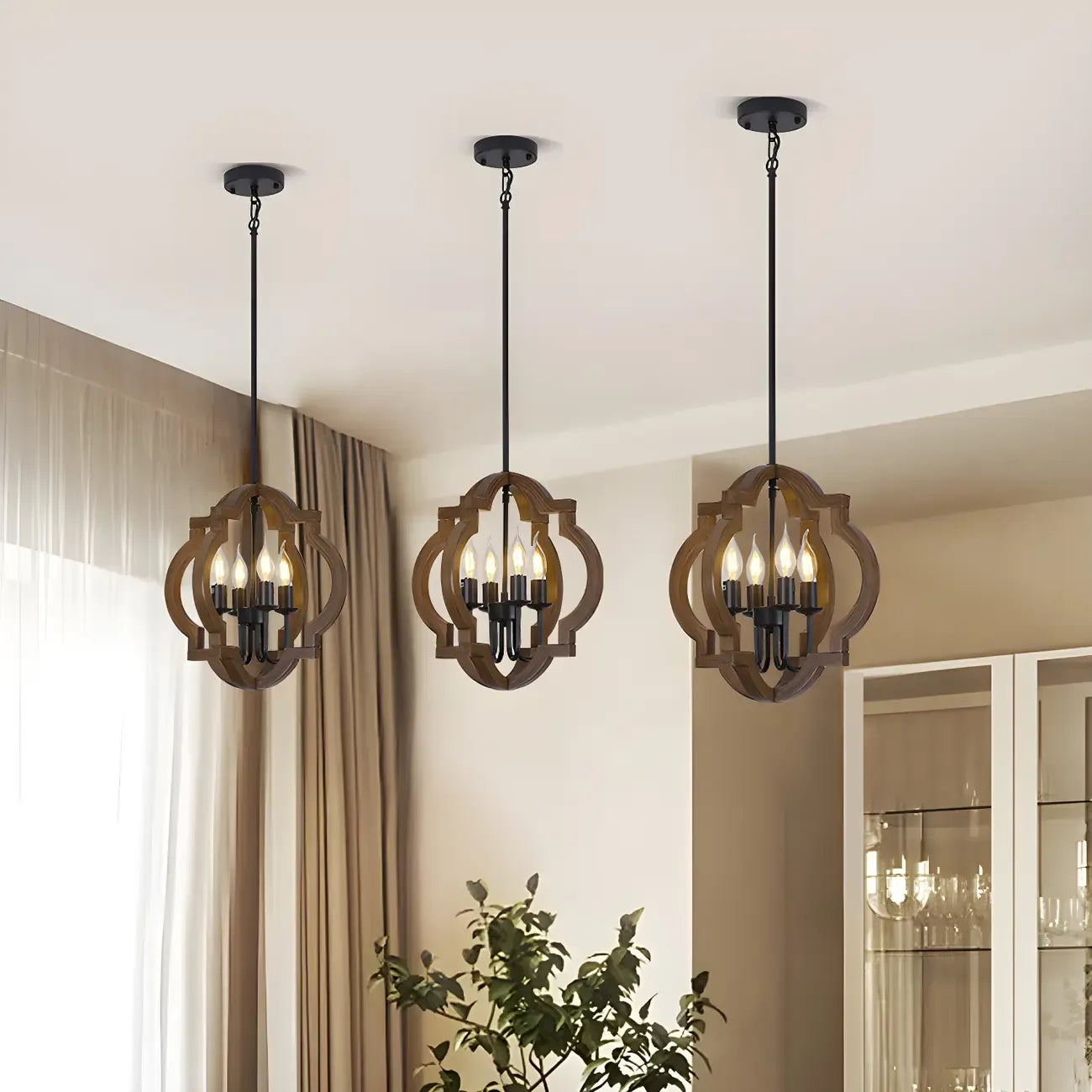 Lustre candélabre industriel réglable en bois brun avec cage