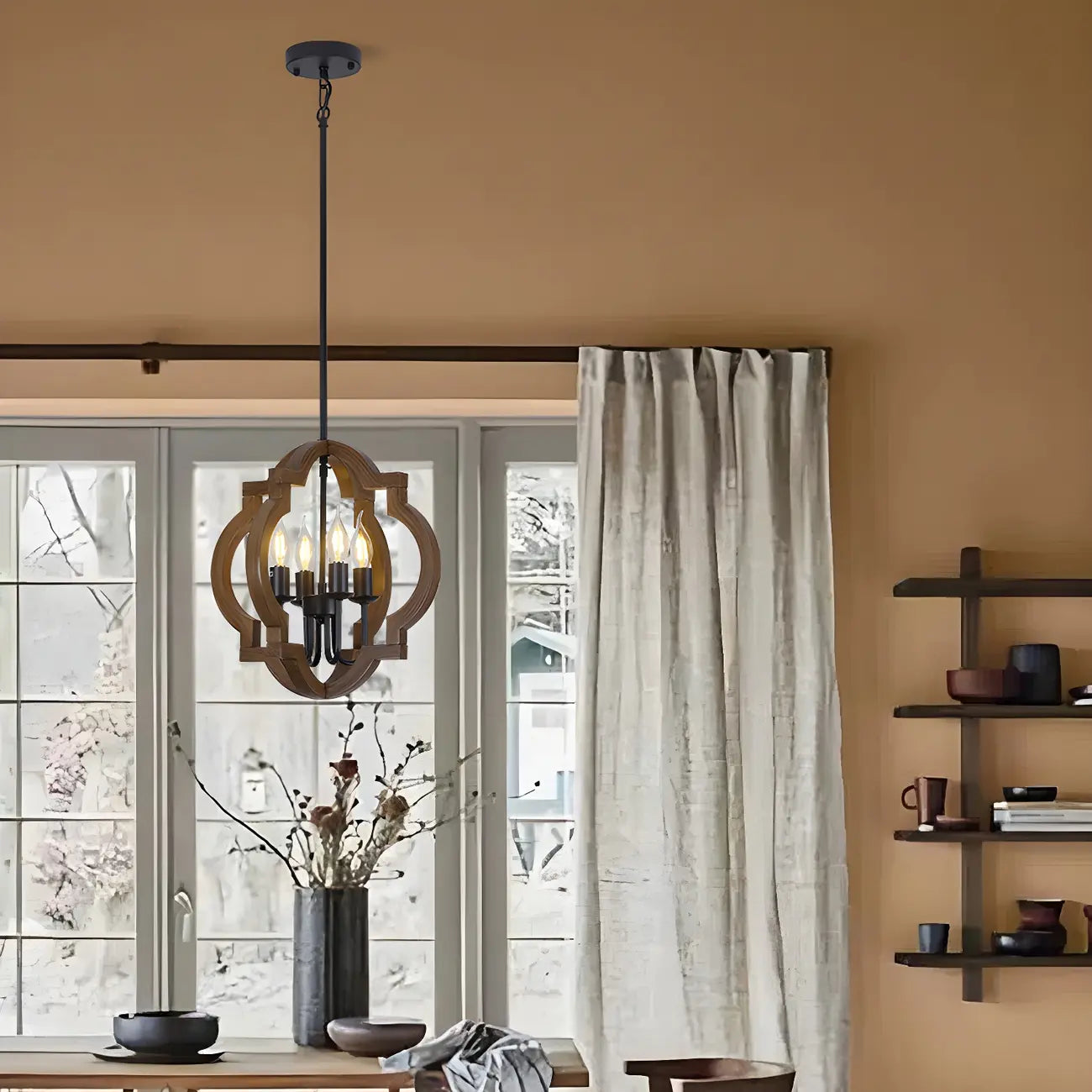 Lustre candélabre industriel réglable en bois brun avec cage