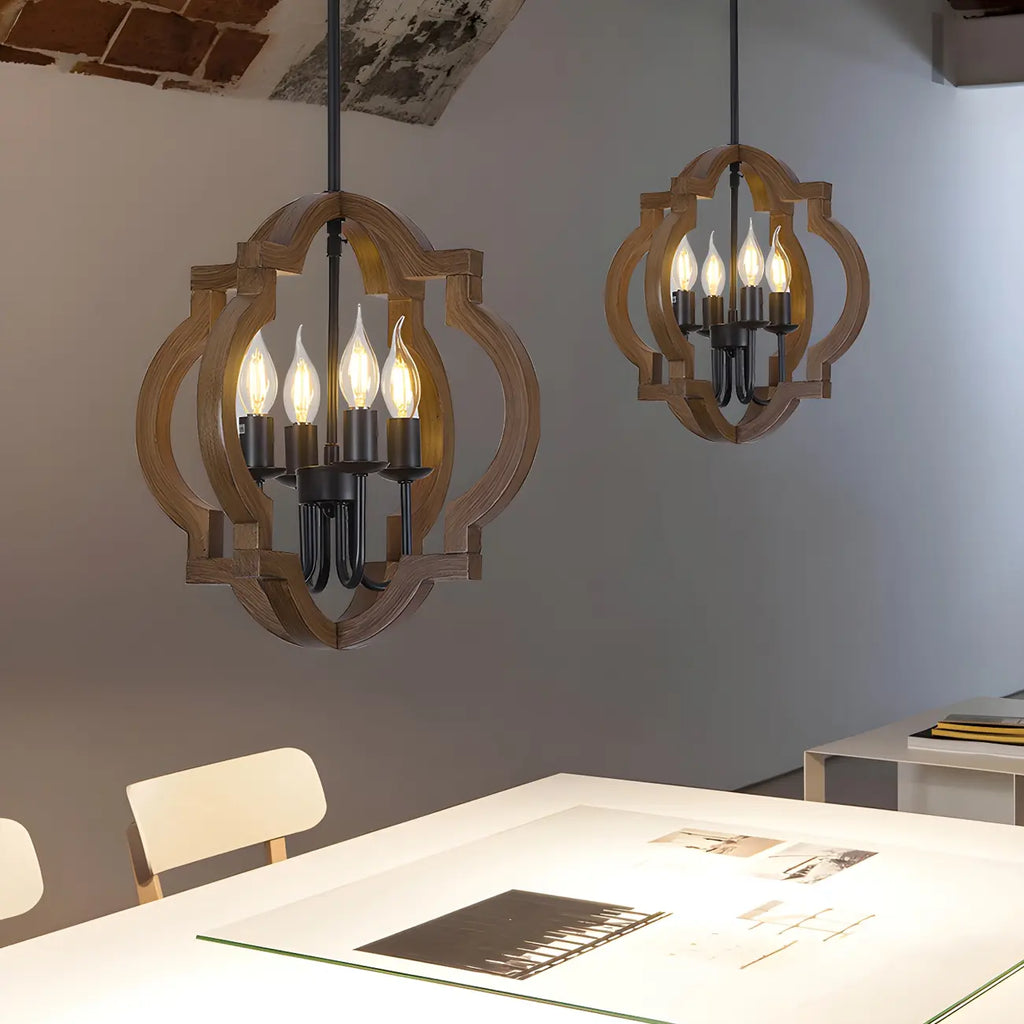 Lustre candélabre industriel réglable en bois brun avec cage